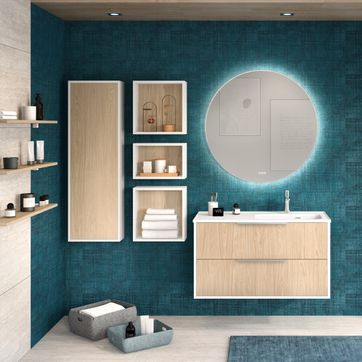 Meuble de salle de bains L 100 cm en chêne scié clair structuré et meuble blanc brillant avec poignées en inox brossé de la collection Ultra Cadra par Delpha